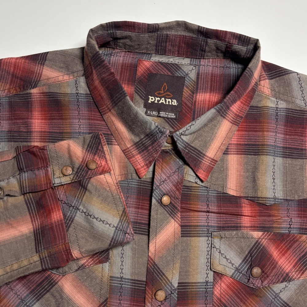 prAna Holstad Wood Snap Mens XL Red Gray Plaid Long Sleeve Earthy Western Shirt